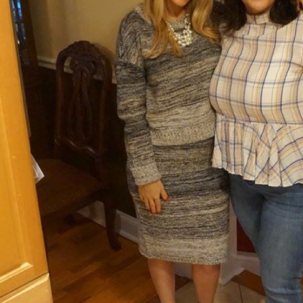 2 piece; crop top sweater and matching midi skirt